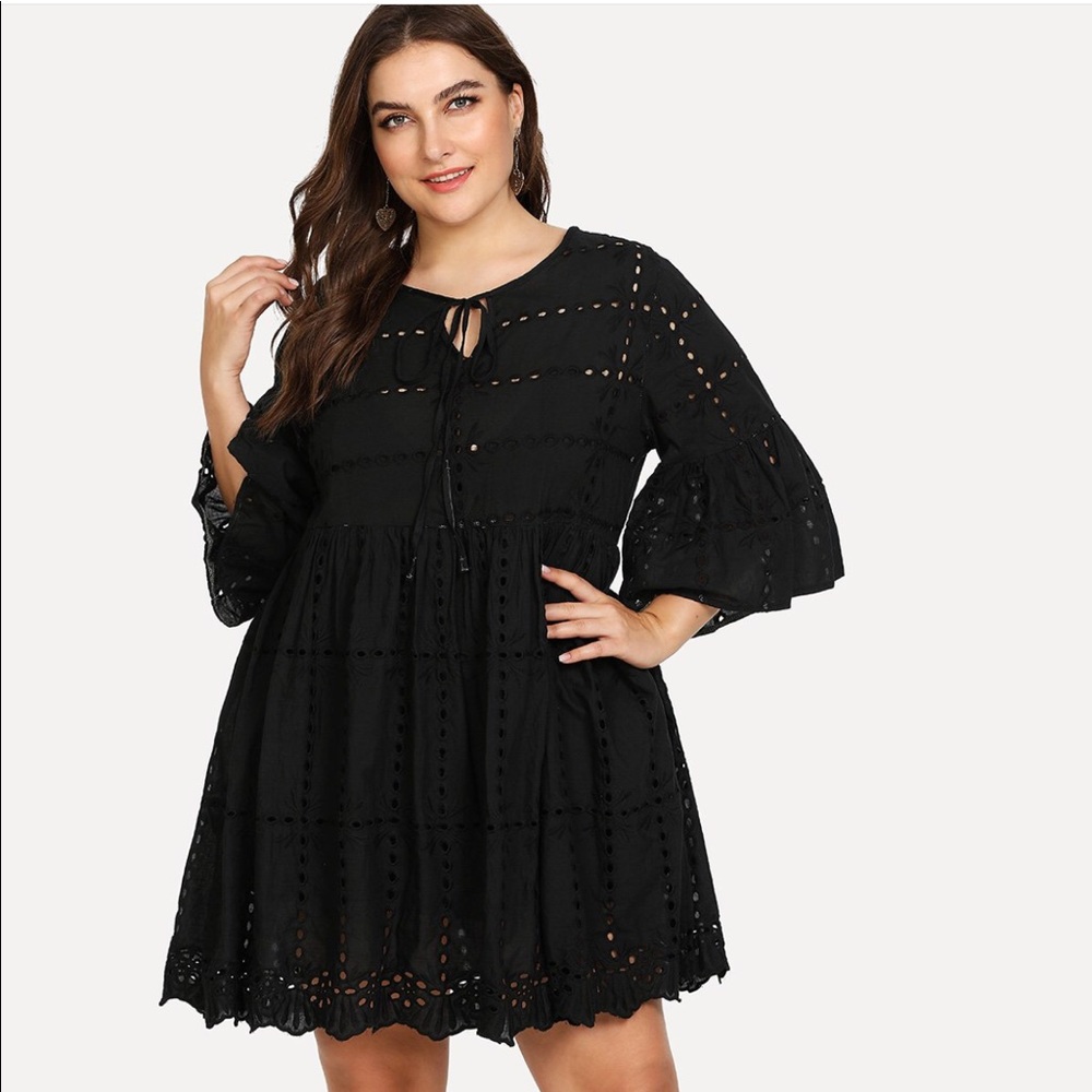 Plus Eyelet Embroidery Tied Neck Smock Dress